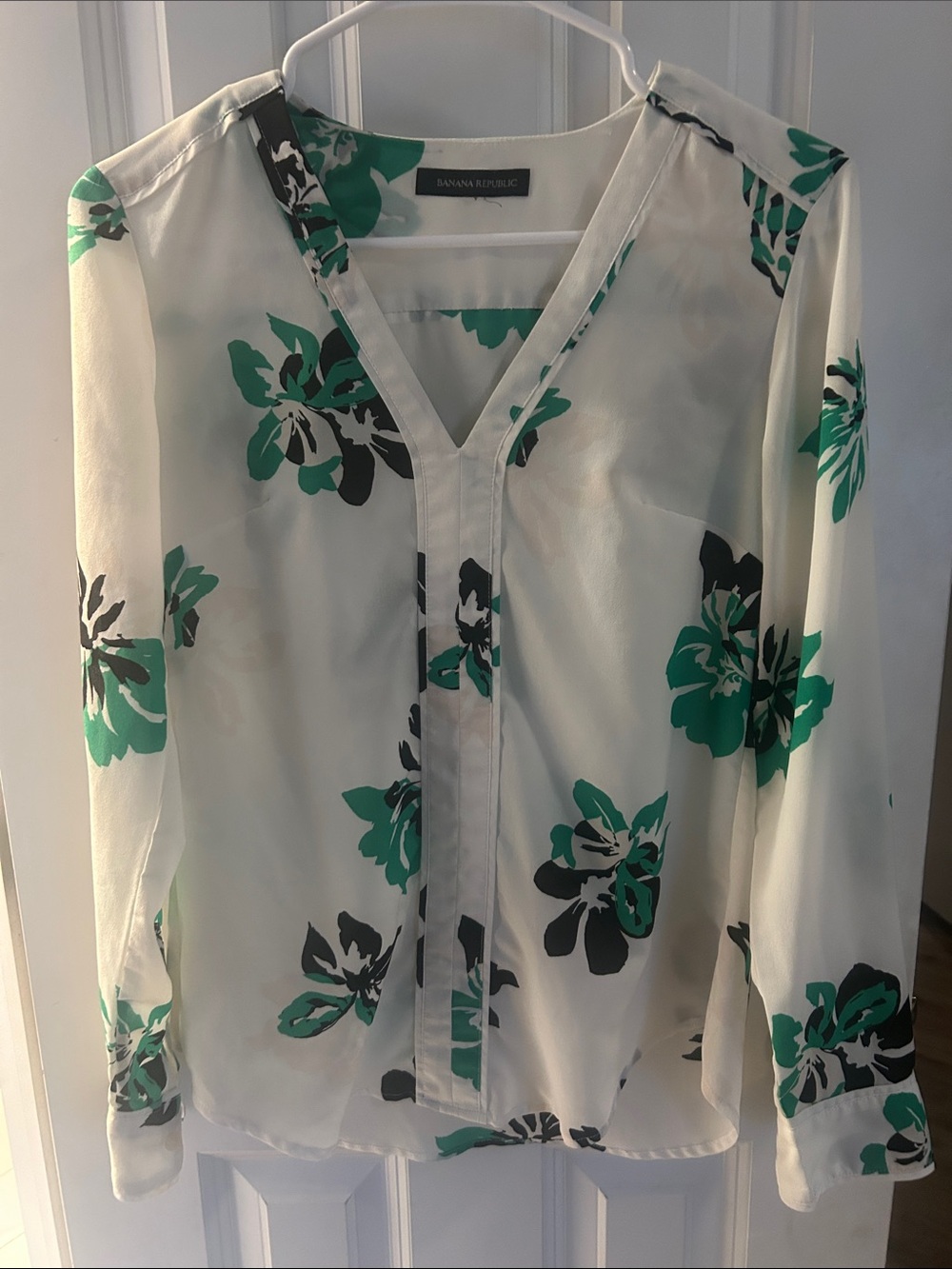 Banana Republic Cream V-Neck Blouse with Green and Black Floral Print